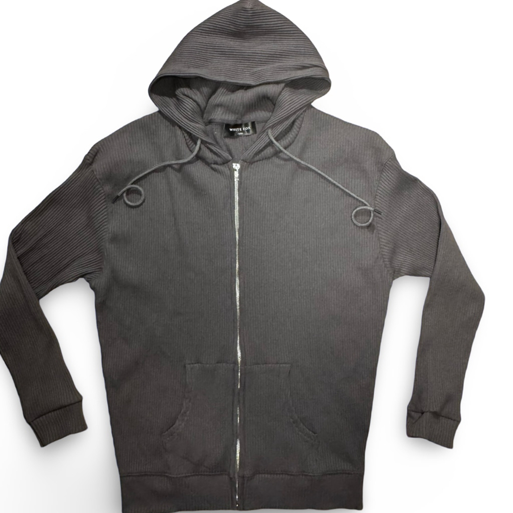 White Fox Ribbed Zip-Up‎ Hoodie - Gray, Size S/M